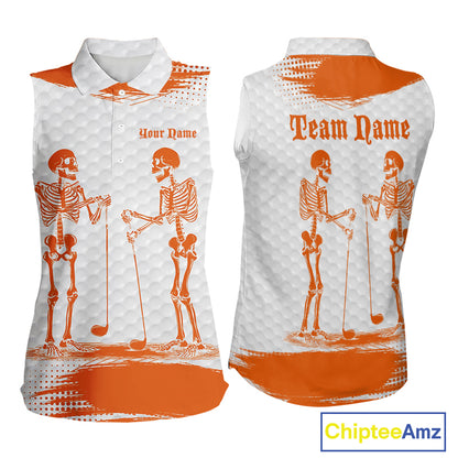 White And Orange Pattern Women Golf Sleeveless Polo Shirts Custom Funny Skeleton Halloween Women Golf Apparel NYN4922