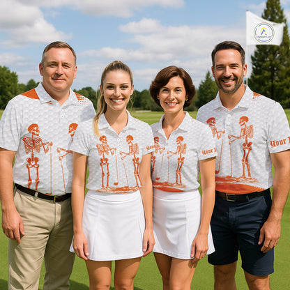 White And Orange Pattern Mens Golf Polo Shirts Custom Funny Skeleton Halloween Mens Golf Apparel NYN4922