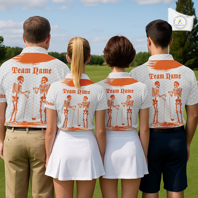White And Orange Pattern Mens Golf Polo Shirts Custom Funny Skeleton Halloween Mens Golf Apparel NYN4922