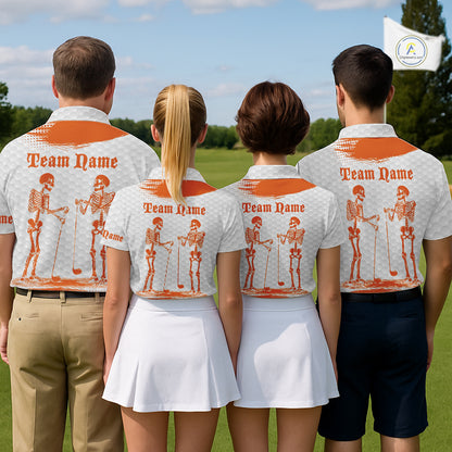 White And Orange Pattern Mens Golf Polo Shirts Custom Funny Skeleton Halloween Mens Golf Apparel NYN4922
