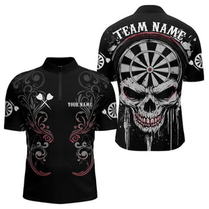 Personalized Skull Black Grunge Polo & 1/4 Zip Darts Shirt For Men, Dart Team Jerseys NYN0005