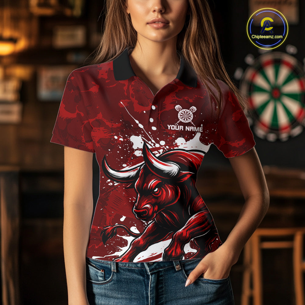 Custom White And Red Splatter Darts Polo & 1/4 Zip Shirt For Women Funny Bull Darts Team Jerseys NYN2891