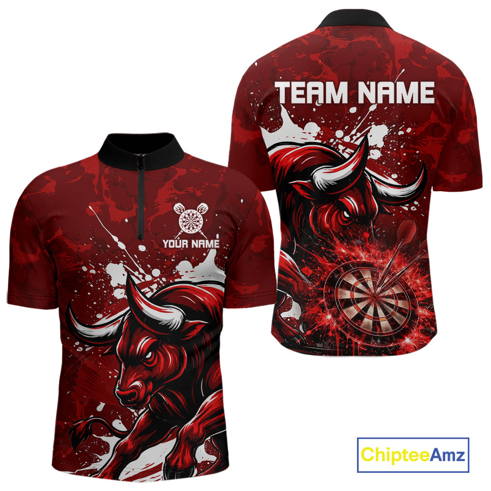 Custom White And Red Splatter Darts Polo & 1/4 Zip Shirt For Men Funny Bull Darts Team Jerseys NYN2891