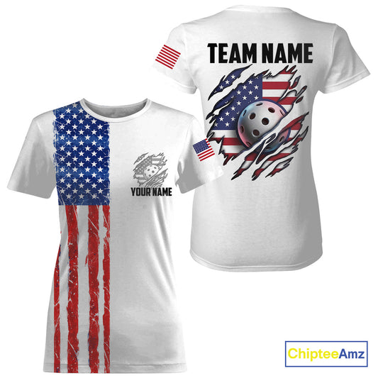 Custom Grunge US Flag Pickleball Shirts For Women Torn Patriotic Pickleball Shirt With Team Name NYN3106