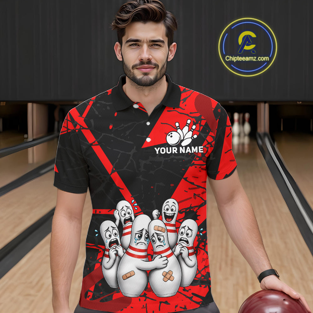 Funny Sad Bowling Pins Bowling Jersey For Men Custom Black And Red Bowling Team Shirts NYN4160