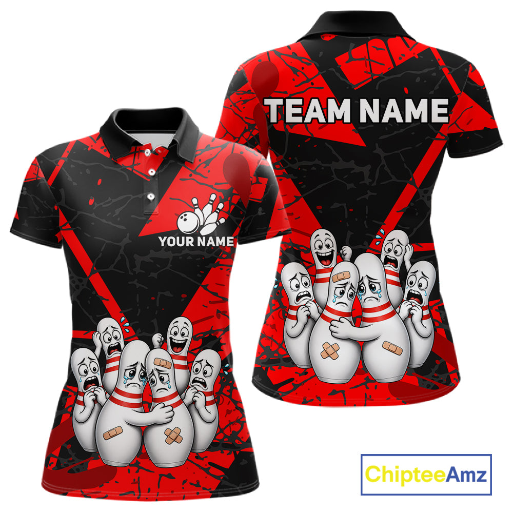 Funny Sad Bowling Pins Bowling Jersey For Women Custom Black And Red Bowling Team Shirts NYN4160
