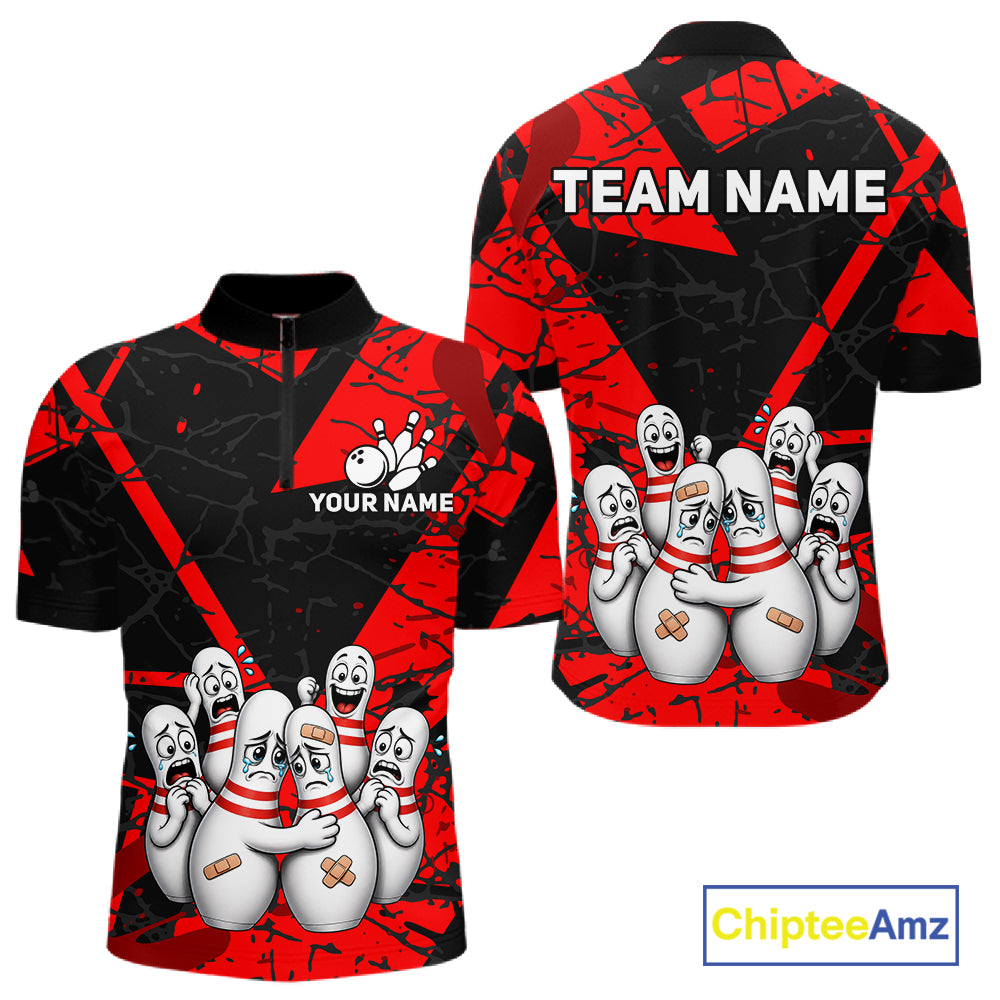 Funny Sad Bowling Pins Bowling Jersey For Men Custom Black And Red Bowling Team Shirts NYN4160