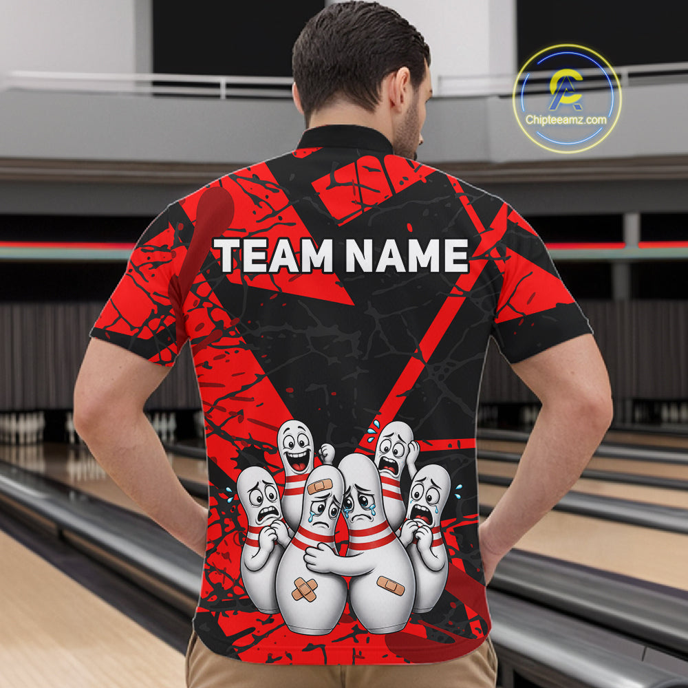Funny Sad Bowling Pins Bowling Jersey For Men Custom Black And Red Bowling Team Shirts NYN4160