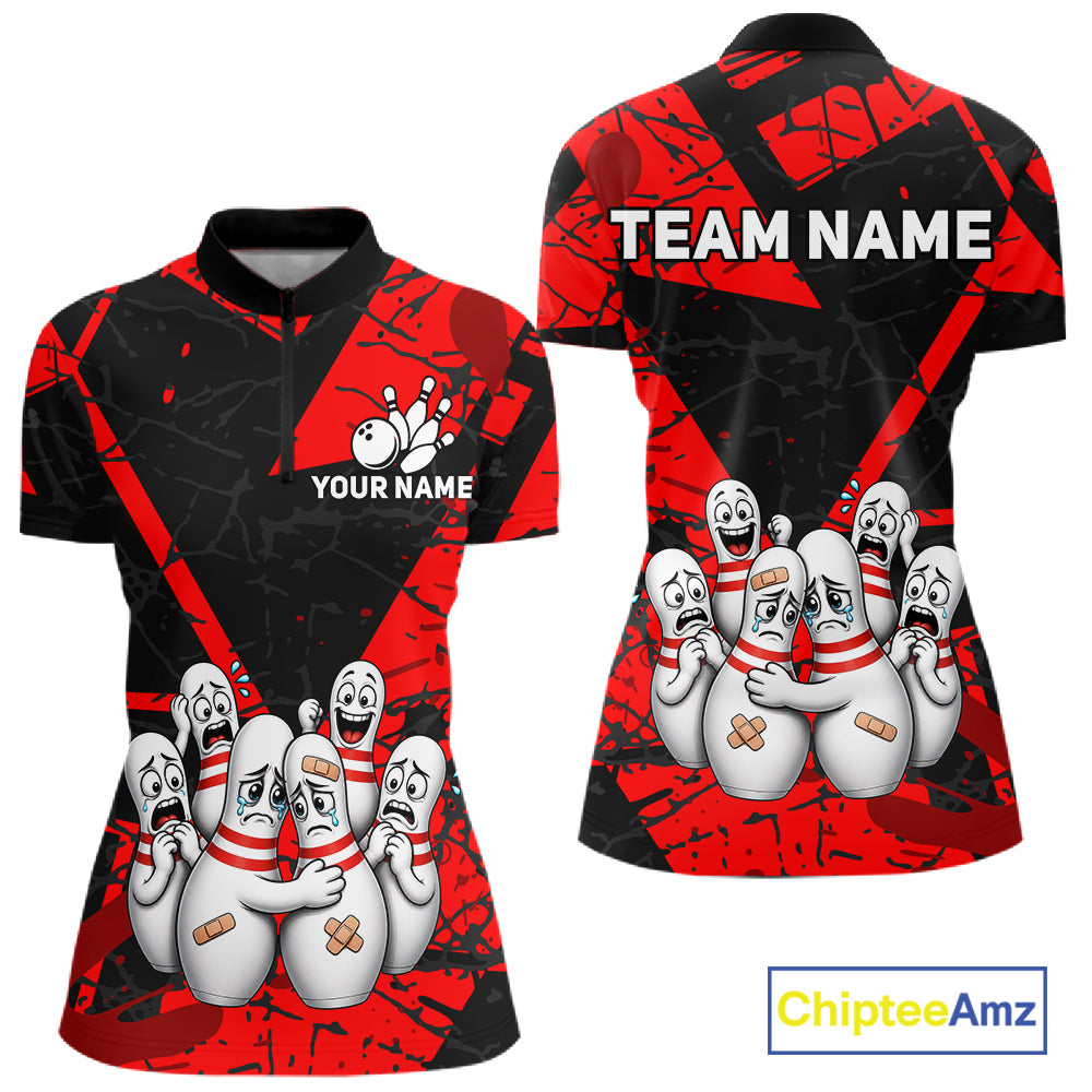 Funny Sad Bowling Pins Bowling Jersey For Women Custom Black And Red Bowling Team Shirts NYN4160