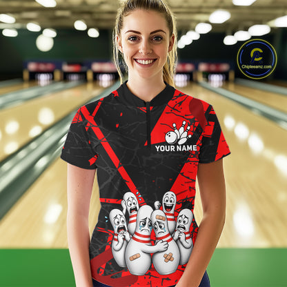 Funny Sad Bowling Pins Bowling Jersey For Women Custom Black And Red Bowling Team Shirts NYN4160