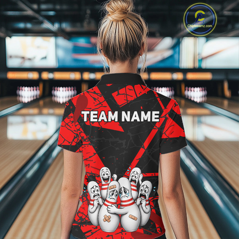 Funny Sad Bowling Pins Bowling Jersey For Women Custom Black And Red Bowling Team Shirts NYN4160