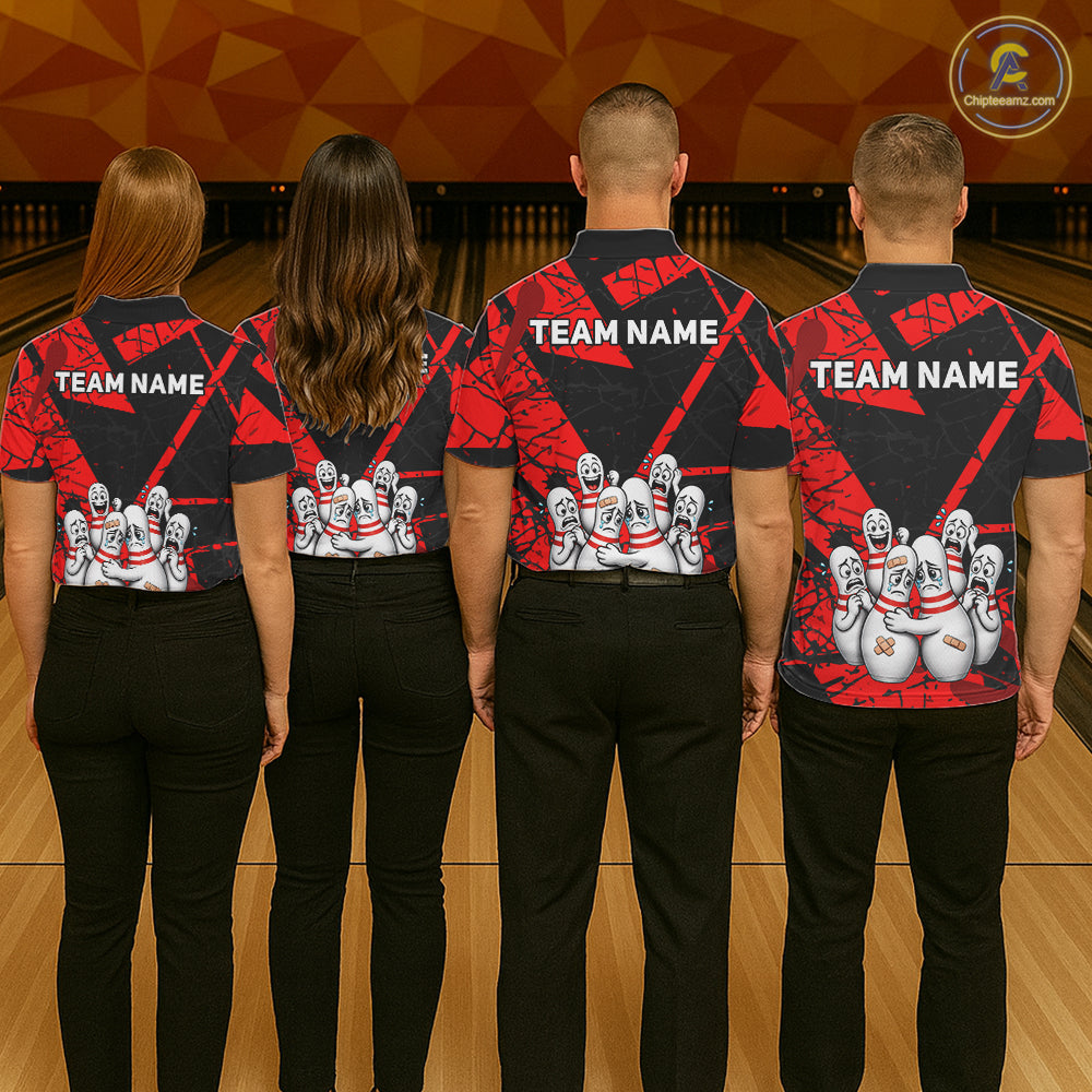 Funny Sad Bowling Pins Bowling Jersey For Men Custom Black And Red Bowling Team Shirts NYN4160