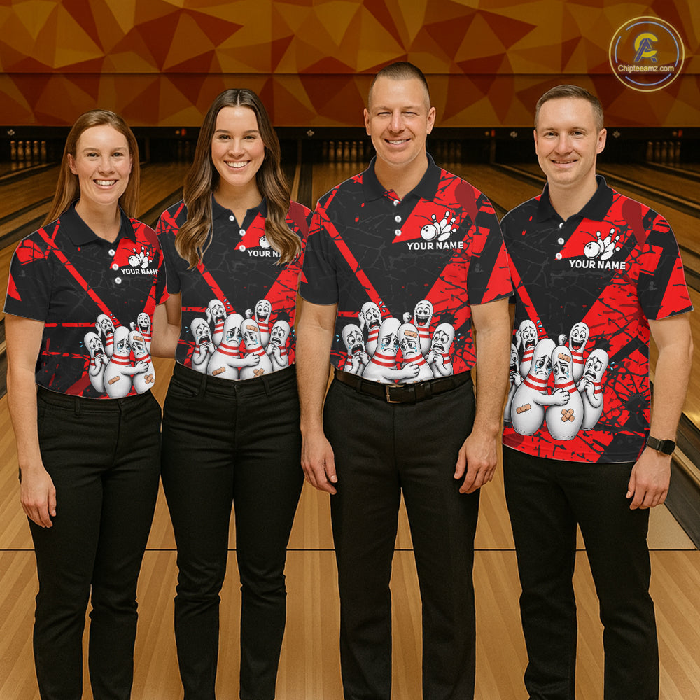Funny Sad Bowling Pins Bowling Jersey For Men Custom Black And Red Bowling Team Shirts NYN4160