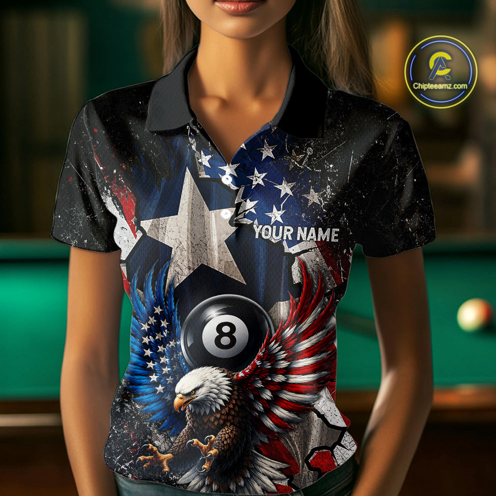 Personalized 8 Ball Eagle Billiard Shirt For Women, Patriot Texas - US Flag Pool Team Jersey NYN4162