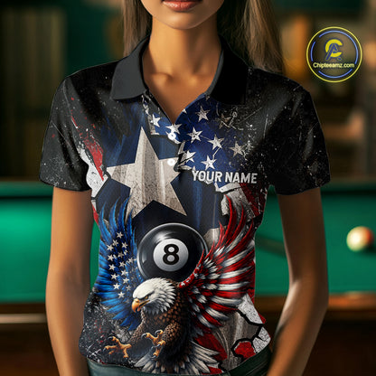 Personalized 8 Ball Eagle Billiard Shirt For Women, Patriot Texas - US Flag Pool Team Jersey NYN4162