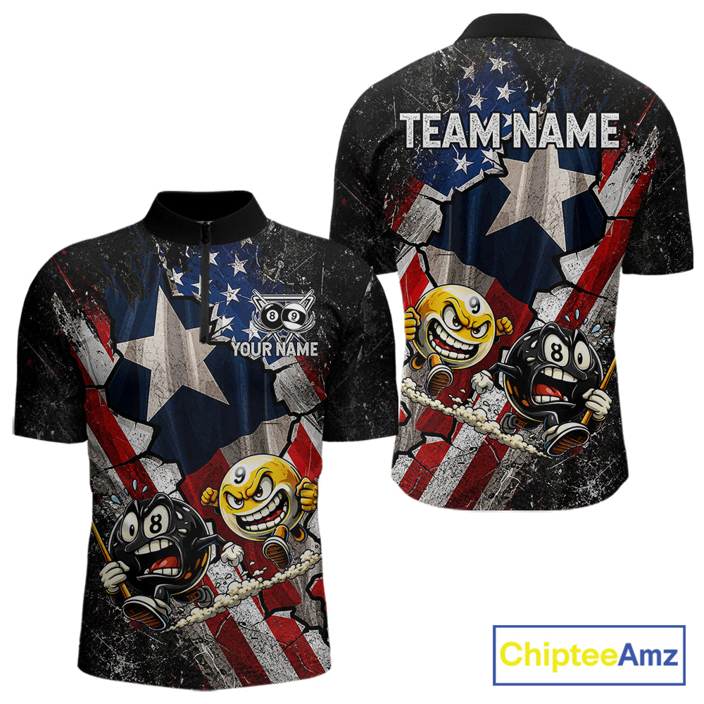 Funny 8 Ball & 9 Ball Pool Billiard Shirt For Men Custom US Flag - Texas Patriot Billiard Team Jersey NYN4163