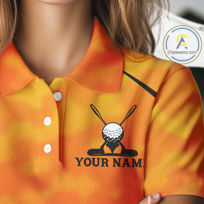 Women Orange Camo Golf Polo Shirt Custom Golf Team Jersey Camo Golf Short Sleeve Jersey NYN4572
