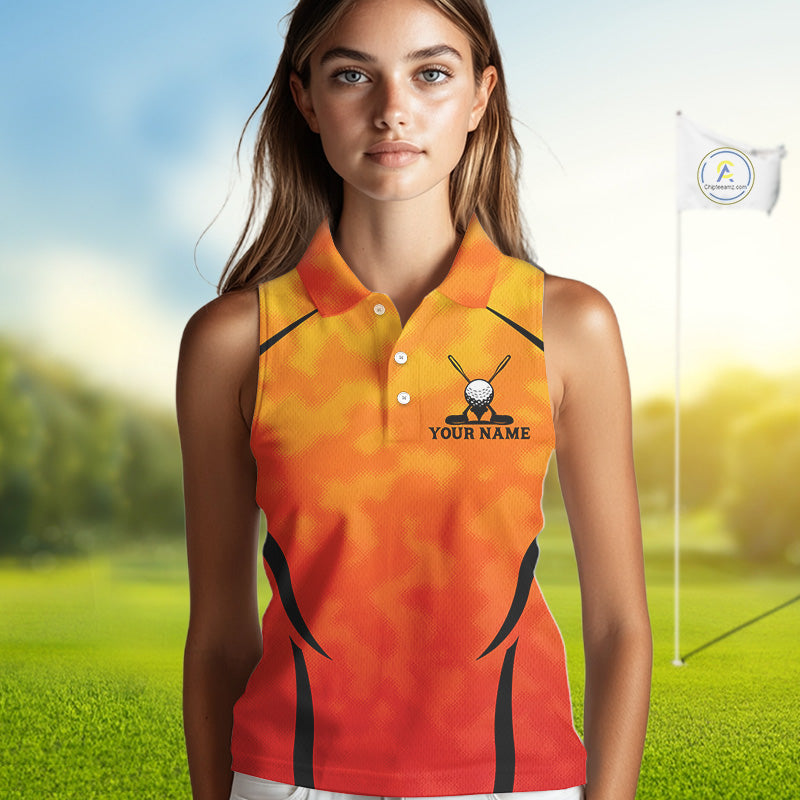 Women Orange Camo Golf Sleeveless Polo Shirt Custom Golf Team Jersey Camo Golf Short Sleeve Jersey NYN4572