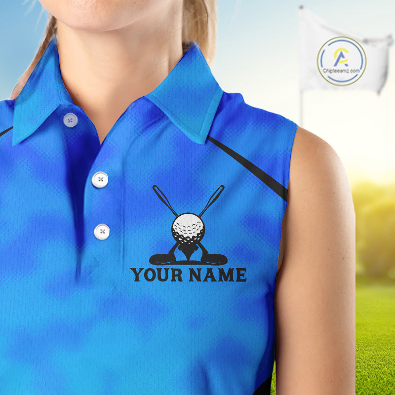 Women Blue Camo Golf Sleeveless Polo Shirt Custom Golf Team Jersey Camo Golf Short Sleeve Jersey NYN4573