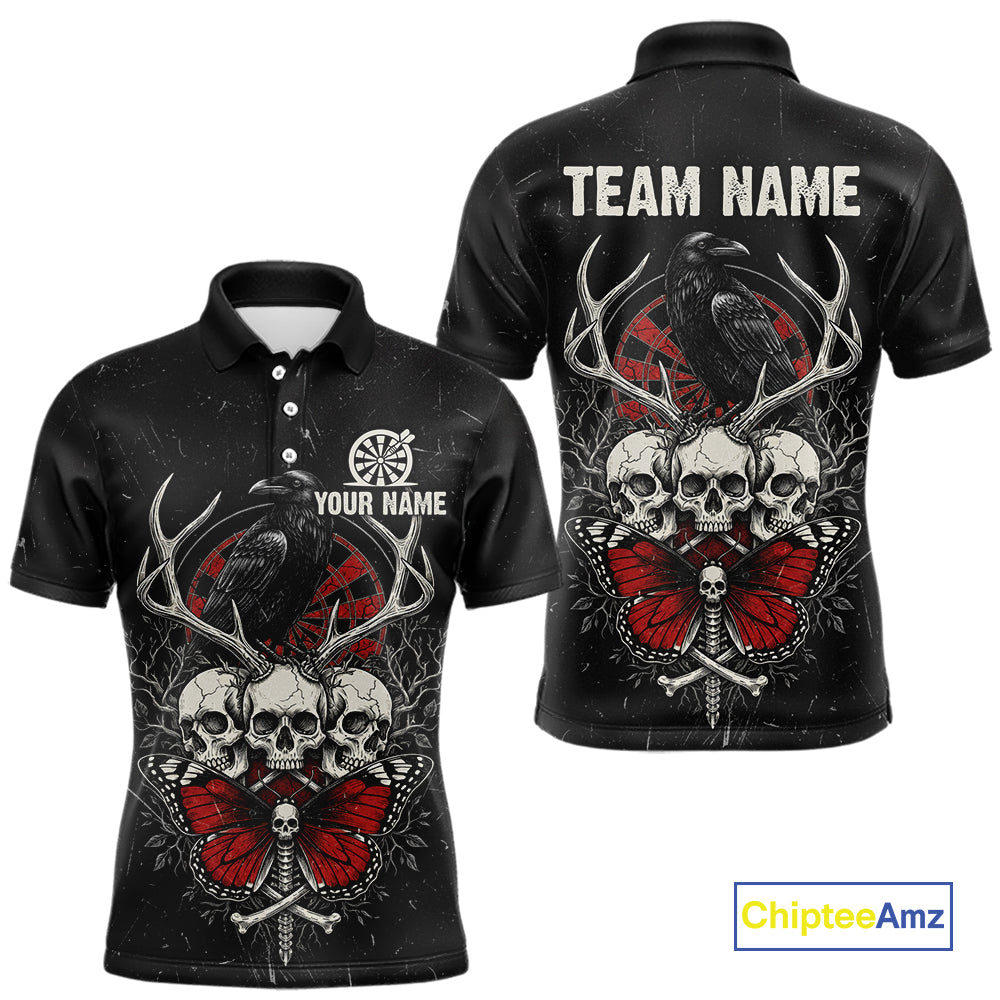 Red Skulls Butterfly Grunge Dartboard Custom Darts Polo Shirt For Men Retro Dart Gifts NYN2002