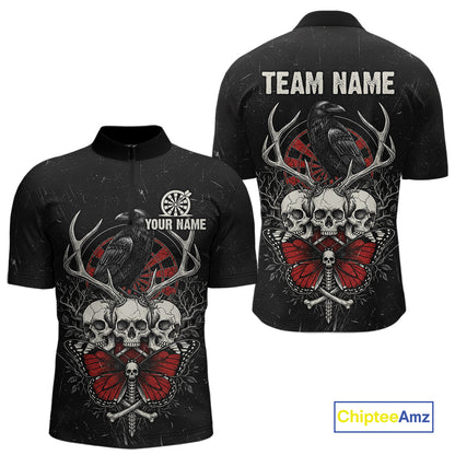 Red Skulls Butterfly Grunge Dartboard Custom Darts Quarter-Zip Shirt For Men Retro Dart Gifts NYN2002