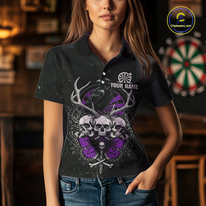 Purple Skulls Butterfly Grunge Dartboard Custom Darts Polo Shirt For Women Retro Dart Gifts NYN2003