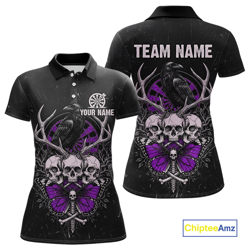 Purple Skulls Butterfly Grunge Dartboard Custom Darts Polo Shirt For Women Retro Dart Gifts NYN2003
