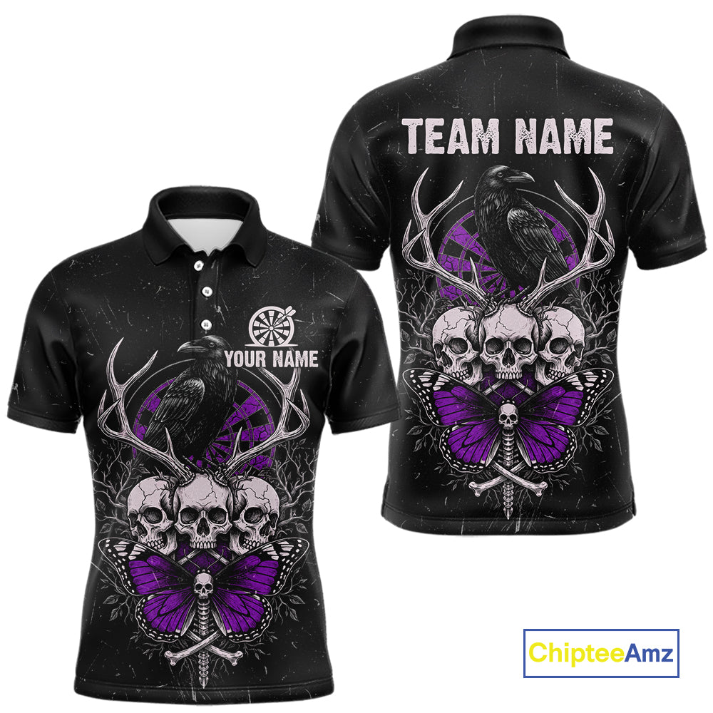 Purple Skulls Butterfly Grunge Dartboard Custom Darts Polo Shirt For Men Retro Dart Gifts NYN2003