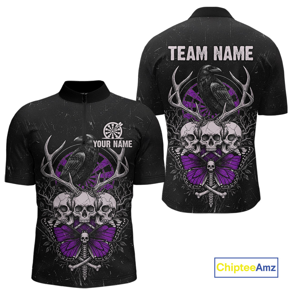 Purple Skulls Butterfly Grunge Dartboard Custom Darts Quarter-Zip Shirt For Men Retro Dart Gifts NYN2003