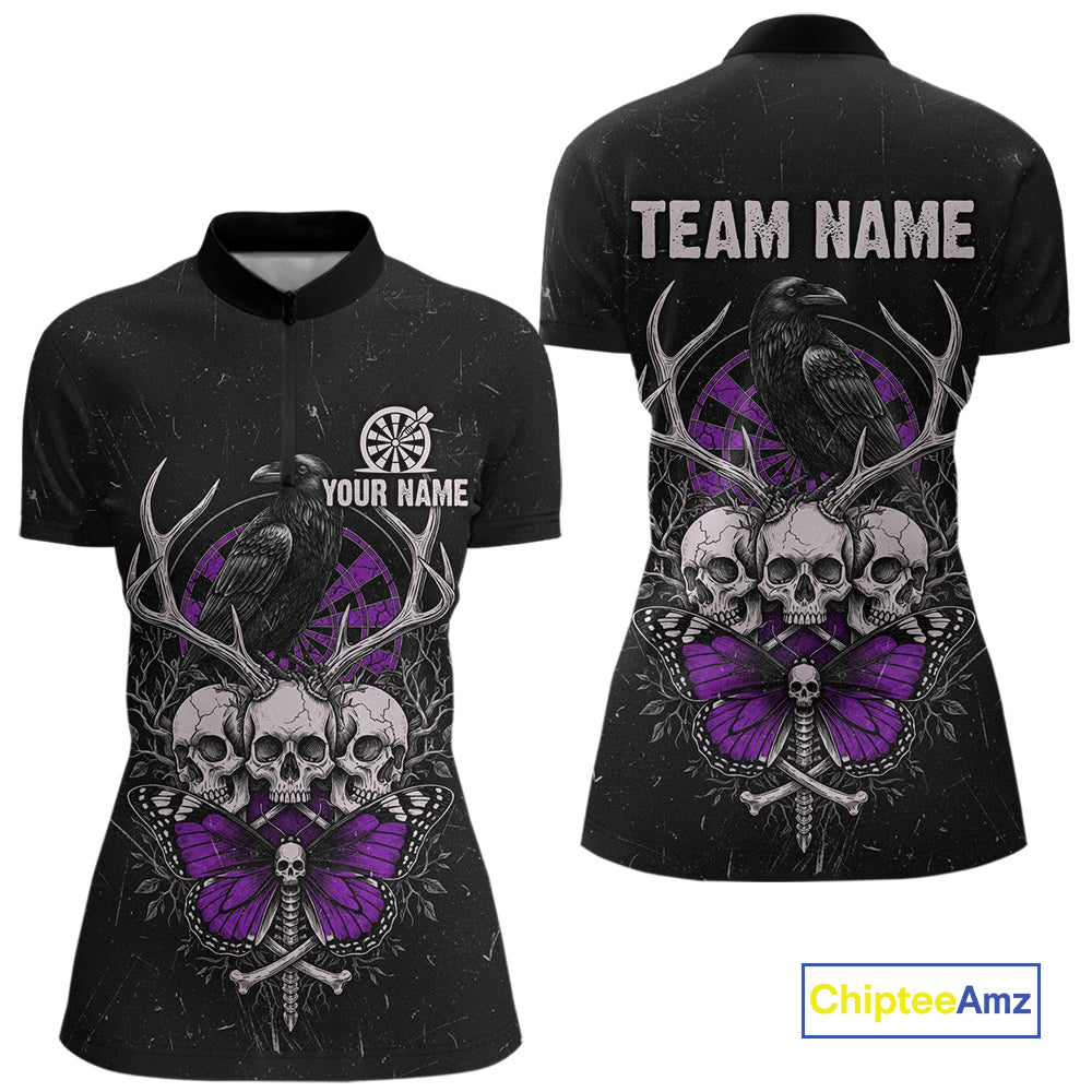 Purple Skulls Butterfly Grunge Dartboard Custom Darts Quarter-Zip Shirt For Women Retro Dart Gifts NYN2003