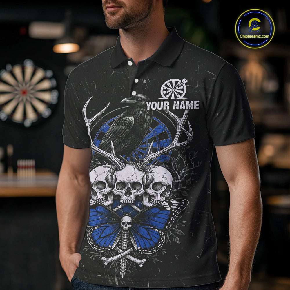 Blue Skulls Butterfly Grunge Dartboard Custom Darts Polo Shirt For Men Retro Dart Gifts NYN2004