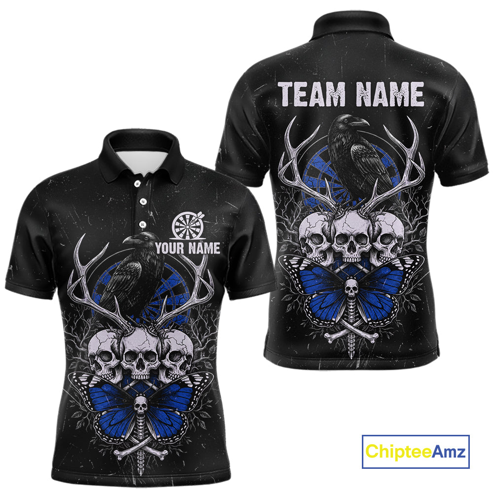Blue Skulls Butterfly Grunge Dartboard Custom Darts Polo Shirt For Men Retro Dart Gifts NYN2004