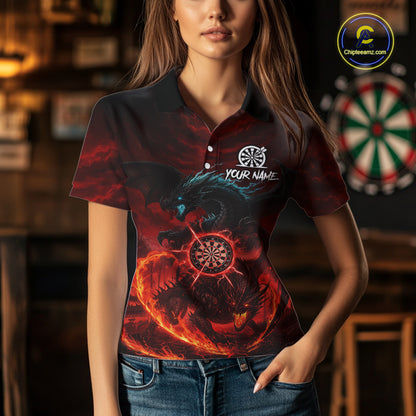 Double Dragon Red & Blue Flaming Dartboard Custom Polo Darts Shirt For Women Dart Gifts NYN2009