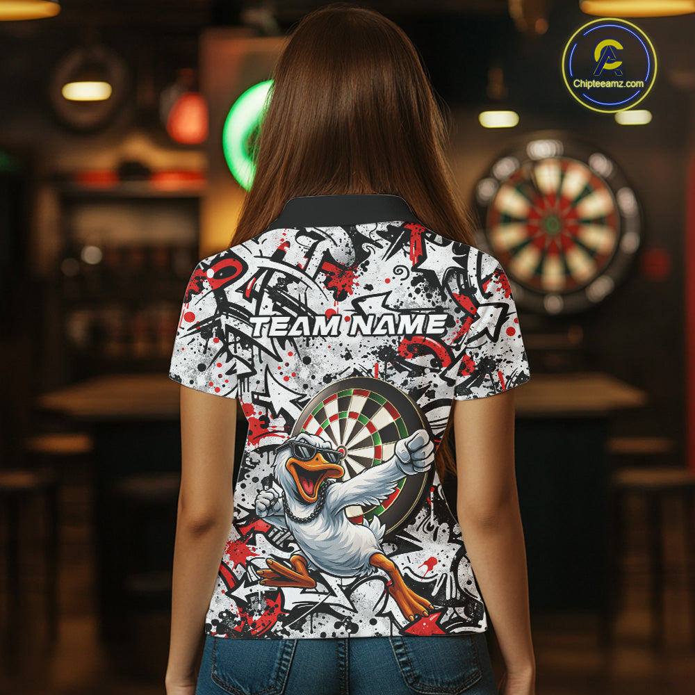 Personalized White & Red Graffiti Darts Women Polo & 1/4-Zip Dart Shirt Funny Duck Dart Team Jerseys NYN2901