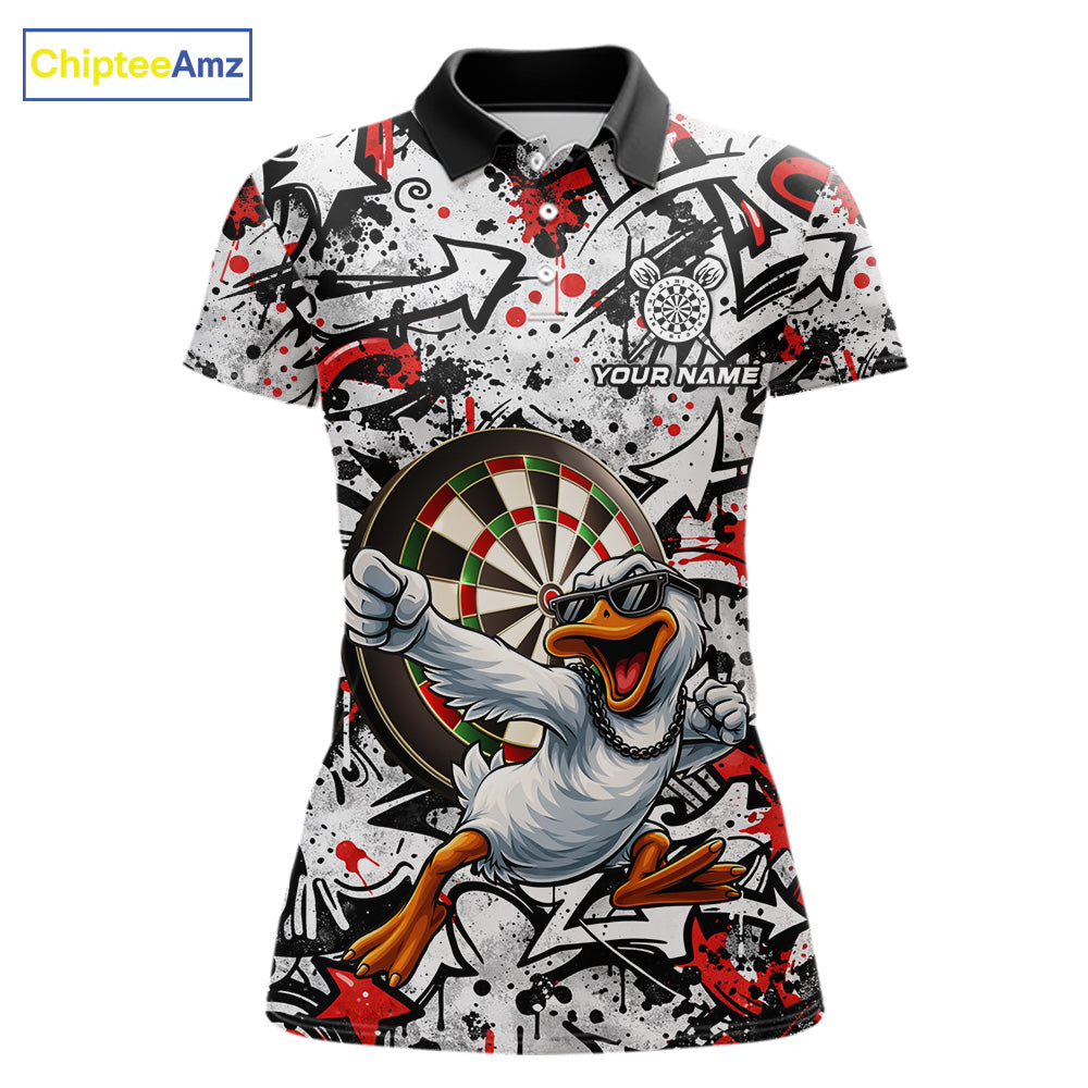 Personalized White & Red Graffiti Darts Women Polo & 1/4-Zip Dart Shirt Funny Duck Dart Team Jerseys NYN2901