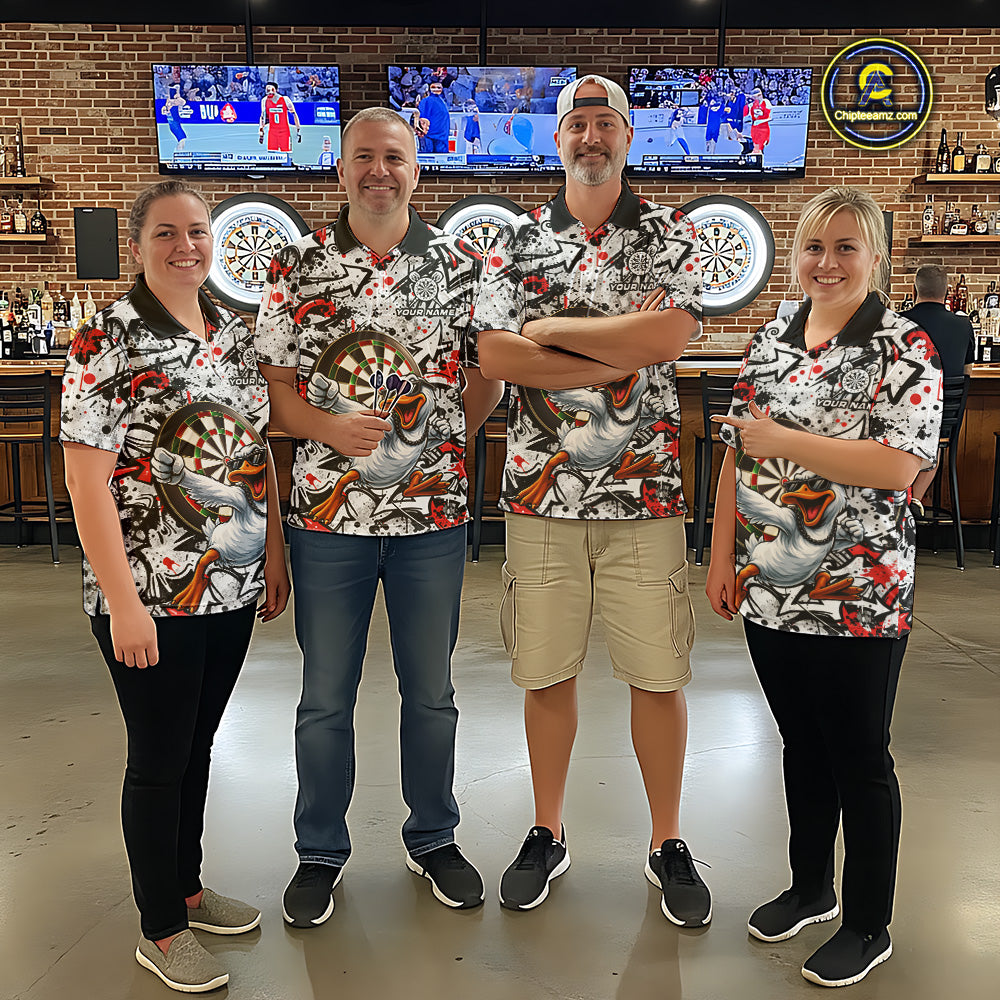 Personalized White & Red Graffiti Darts Men Polo & 1/4-Zip Dart Shirt Funny Duck Dart Team Jerseys NYN2901