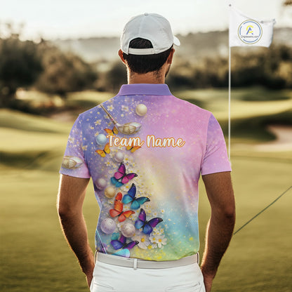Colorful Butterfly Mens Golf Polo Shirt Custom Name Floral Watercolor Golf Shirts NYN2905