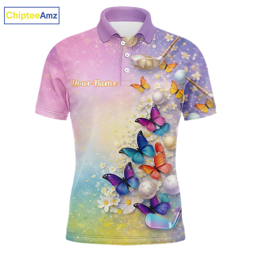 Colorful Butterfly Mens Golf Polo Shirt Custom Name Floral Watercolor Golf Shirts NYN2905