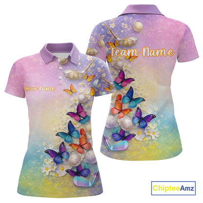 Colorful Butterfly Womens Golf Polo Shirt Custom Name Floral Watercolor Golf Shirts NYN2905
