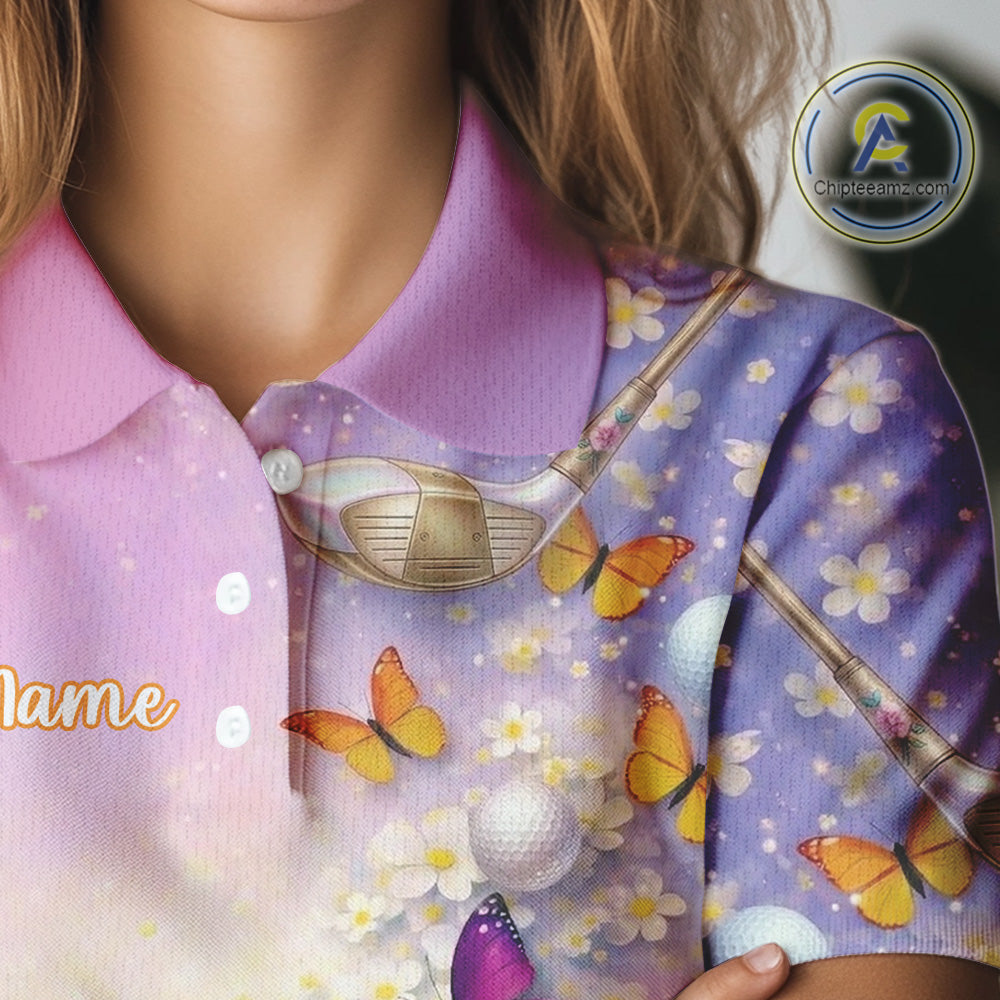Colorful Butterfly Womens Golf Polo Shirt Custom Name Floral Watercolor Golf Shirts NYN2905