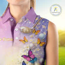 Load image into Gallery viewer, Colorful Butterfly Womens Golf Sleeveless Polo Shirt Custom Name Floral Watercolor Golf Shirts NYN2905