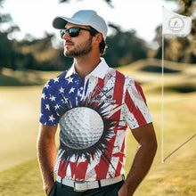 Load image into Gallery viewer, Male golfer wearing grunge American flag golf polo shirt, patriotic golf apparel, men's golf tournament clothing