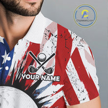 Load image into Gallery viewer, Male golfer wearing grunge American flag golf polo shirt, patriotic golf apparel, men's golf tournament clothing