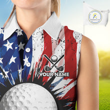 Load image into Gallery viewer, Female golfer wearing grunge American flag golf polo shirt, patriotic golf apparel, women's golf tournament clothing