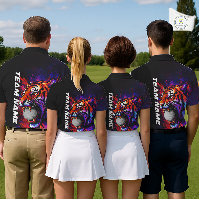 Men women golf team wearing matching colorful tiger golf polo shirts, custom golf uniforms, golf tournament apparel