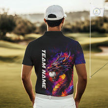Load image into Gallery viewer, Male golfer wearing colorful dragon golf polo shirt, custom golf attire, men's golf tournament apparel