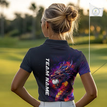 Load image into Gallery viewer, Female golfer wearing colorful dragon golf polo shirt, custom golf attire, women's golf tournament apparel