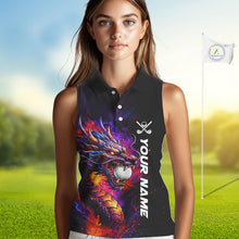 Load image into Gallery viewer, Colorful Dragon women's golf polo shirt, dragon golf apparel, splatter golf team shirt, ladies golf clothing