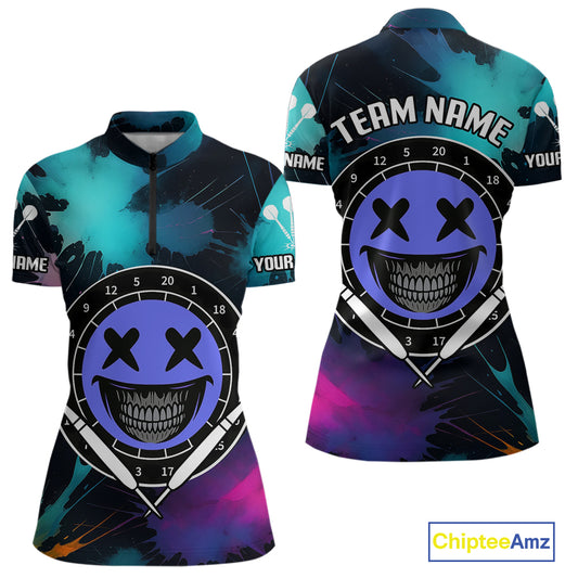 Smile Face Dartboard Custom Funny Colorful Women's Dart 1/4-Zip Shirts, Dart Team Jerseys NYN0790