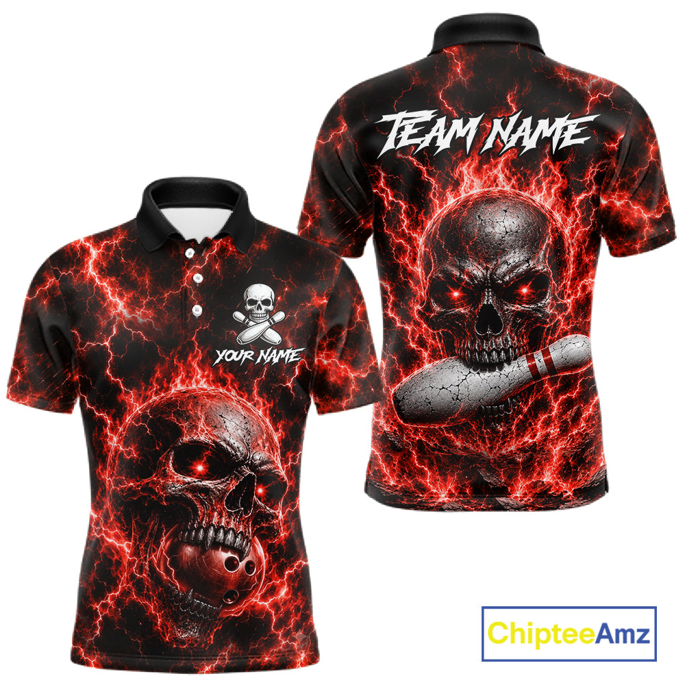 Mens Red Skull Bowling Shirts Custom Thunder Lightning Bowling Team Jerseys, Bowling Gifts NYN4172